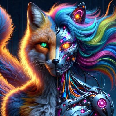 The primary subject of the image is a cat, which is depicted in two different ways. One half of the cat is shown as a traditional, real-life fox, while the other half is portrayed as a futuristic robot. The cat's body is split in half, with one half being a fox and the other half being a robot. The setting is a dark room, and the visual style is digital art. The dominant colors in the image are blue, orange, and pink, creating a vibrant